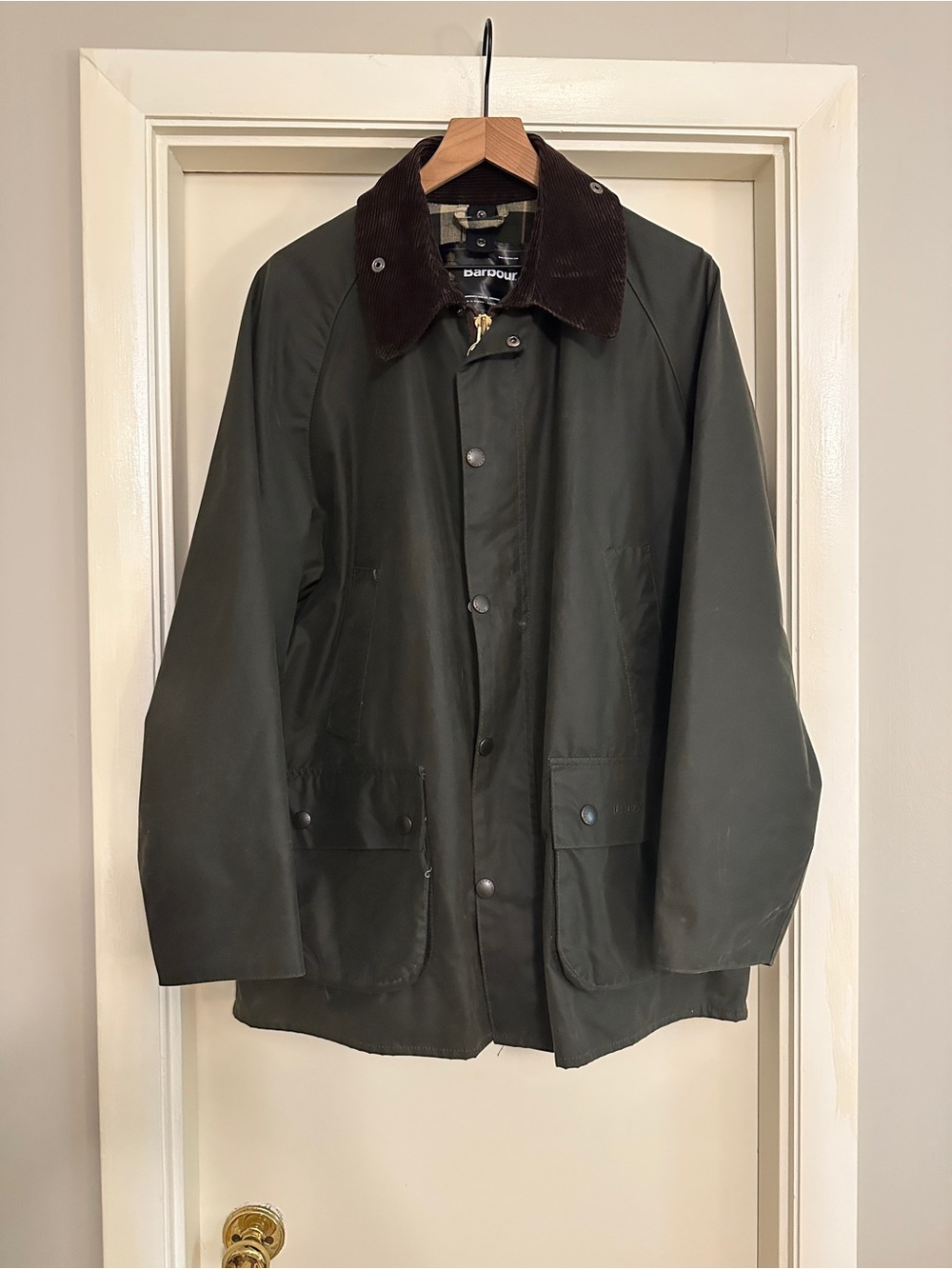 Barbour Bedale Waxed Cotton Field Barn Chore Jacket with Brown Corduroy Collar